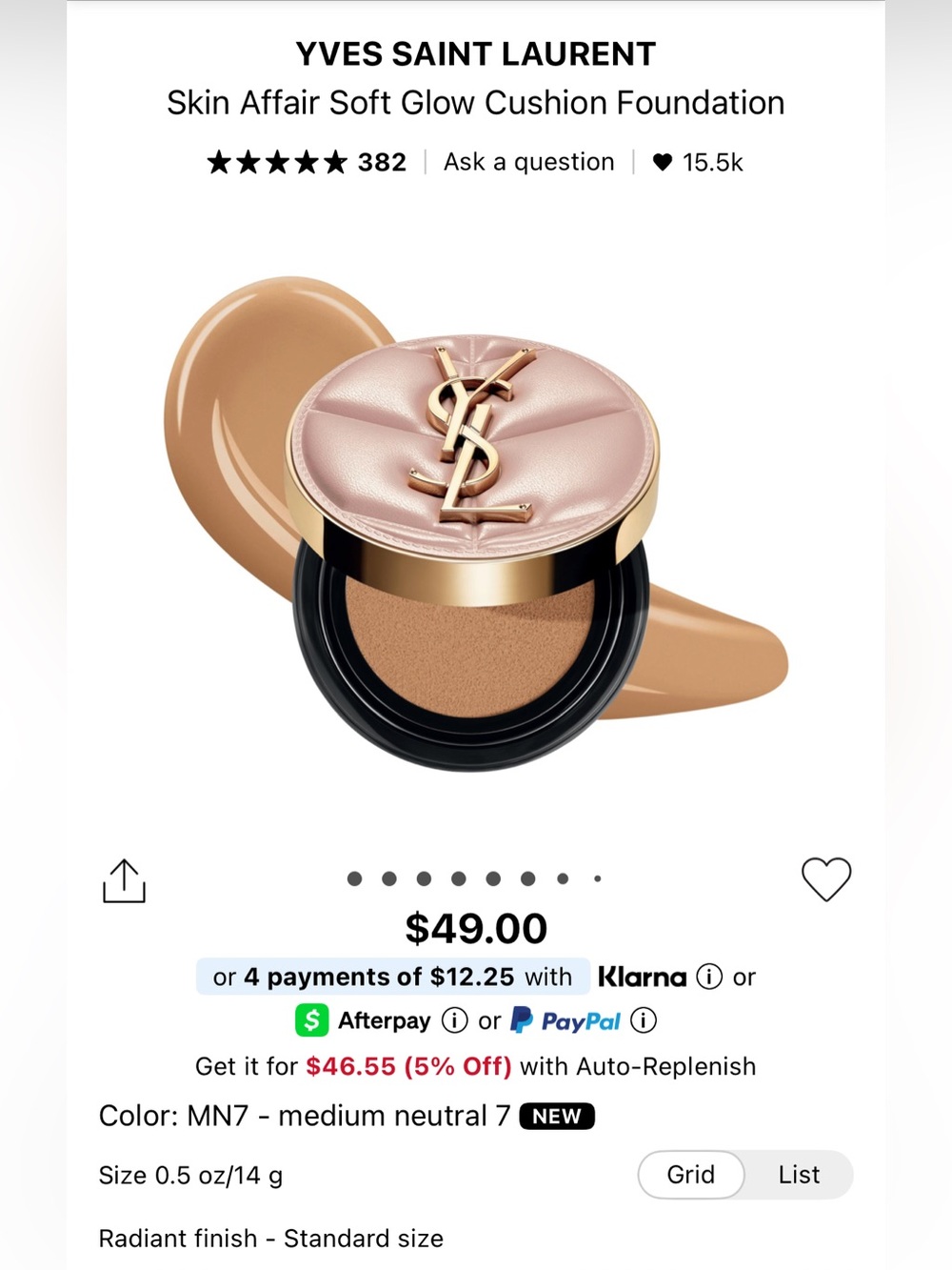 YSL Yves Saint Laurent Soft Glow Cushion Foundation Color: MN7 - medium neutral